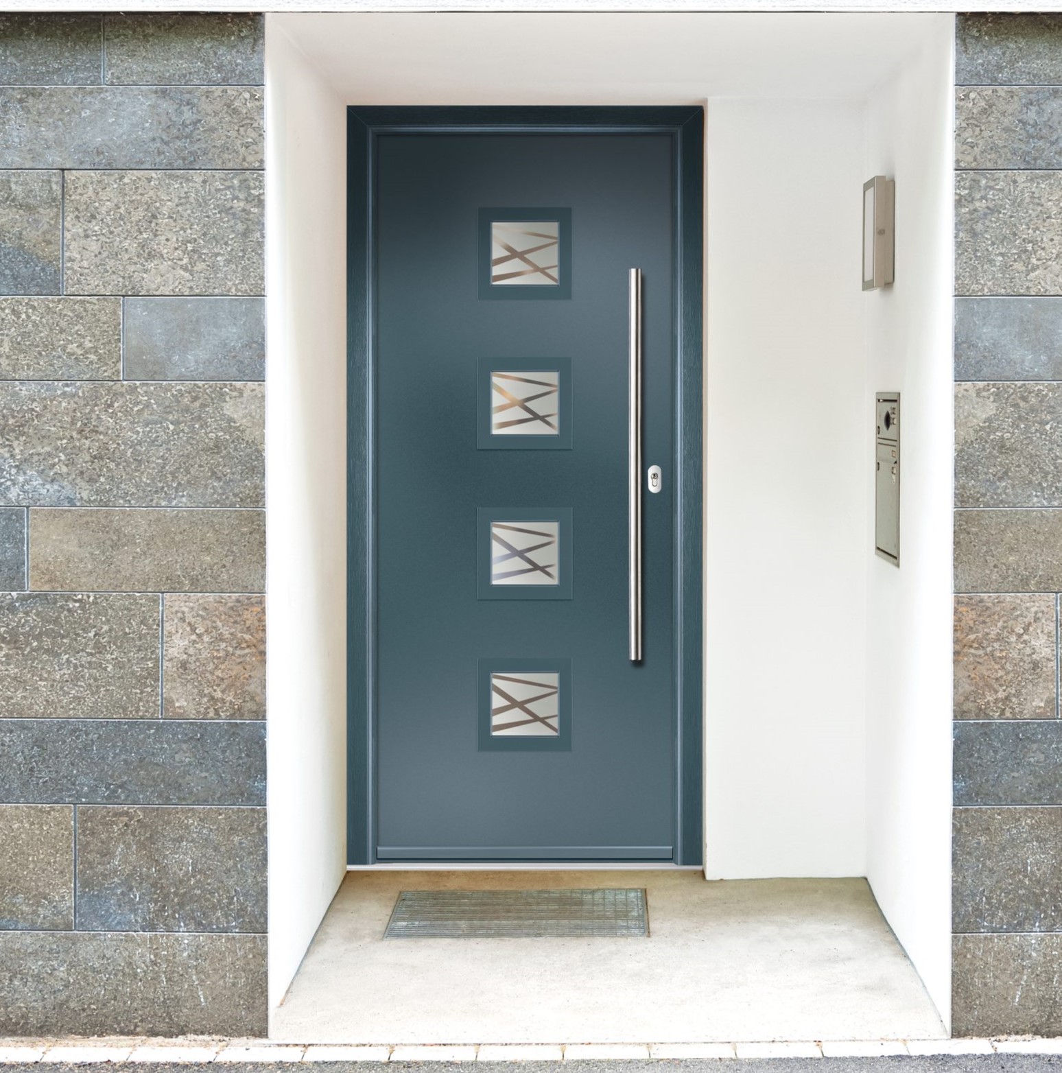 dark blue composite door with silver tall handle